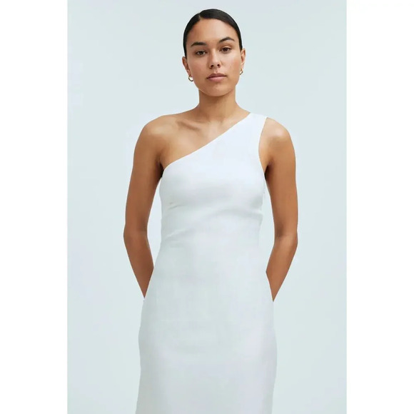 NWOT Madewell Size 4 One-Shoulder Midi Dress White Linen Slit Beachy Wedding - Picture 2 of 14